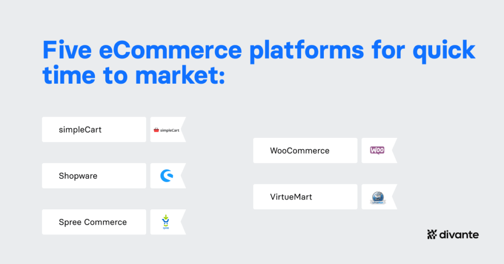 5 open-source eCommerce platforms for a quick time to market:

SimpleCart
Shopware
Spree
Woo
Virtue Mart
